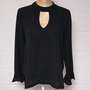 SHE + SKY COTTON CREPE, TUNIC BLOUSE, CUT OUTS, RUFFLE LONG SLEEVE, SIDE VENTS